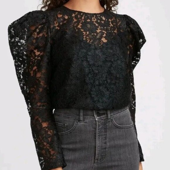 Express Tops - NWT Express Lace Puff Sleeve Top Black Size Small S NEW $88